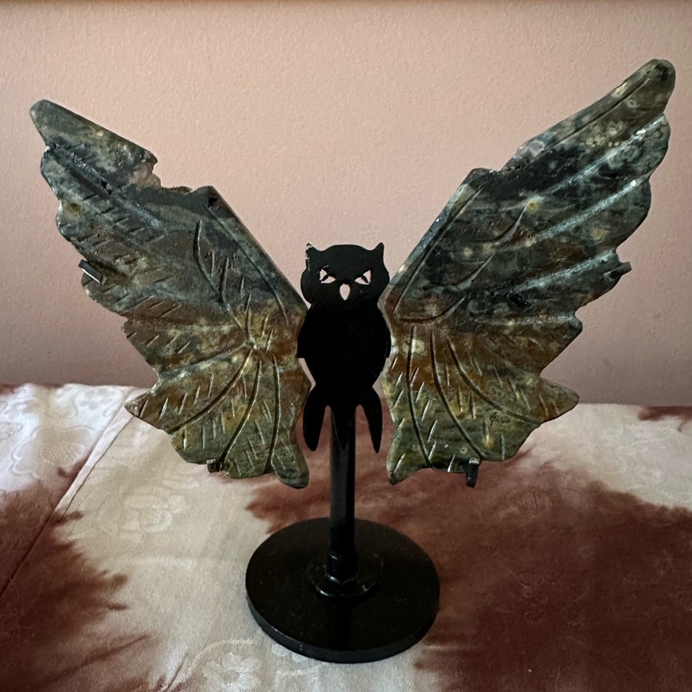 Ocean Jasper owl wings with druzy on both wings.  Natural crystal carvings